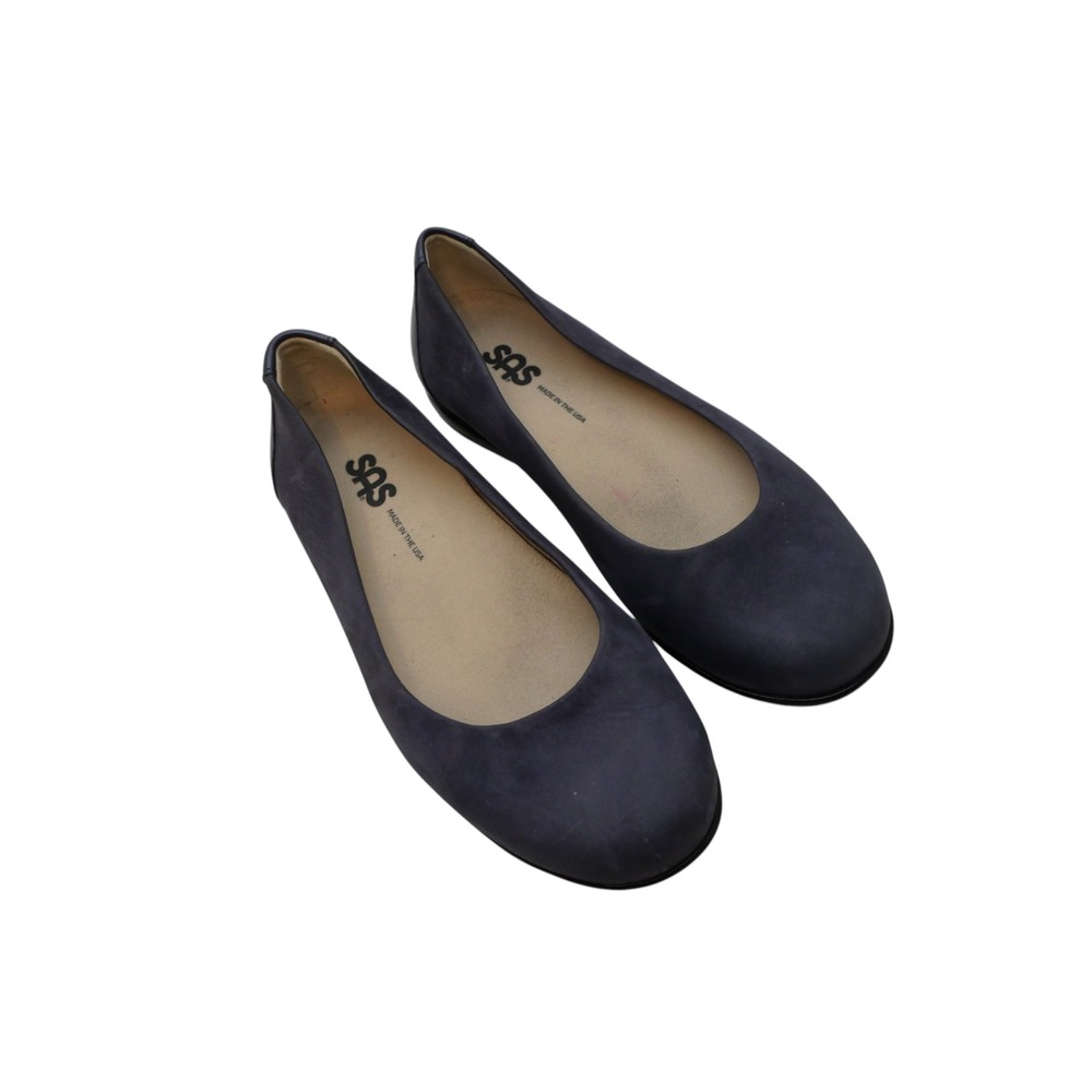 SAS Scenic Ballet Flat Comfort Shoe Made In USA Navy Blue Leather size 6 W Wide